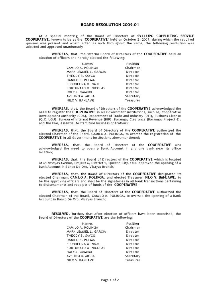 SAMPLE BOARD RESOLUTION Board Of Directors Government Information