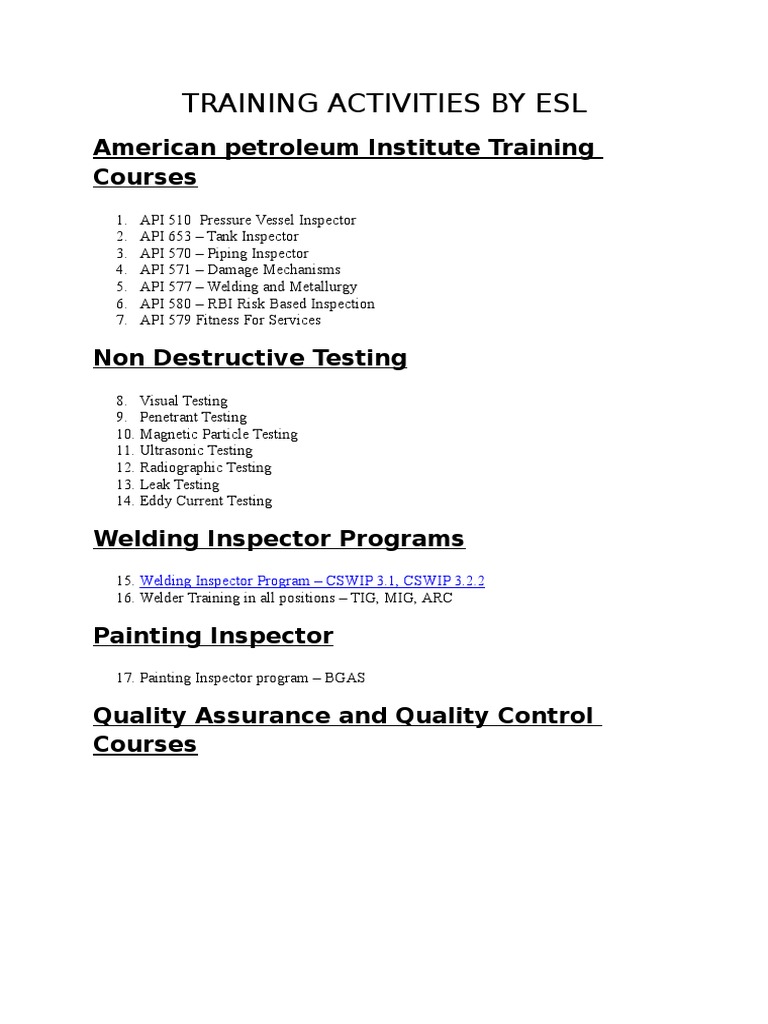 ESL Training: API & Inspection Courses | PDF