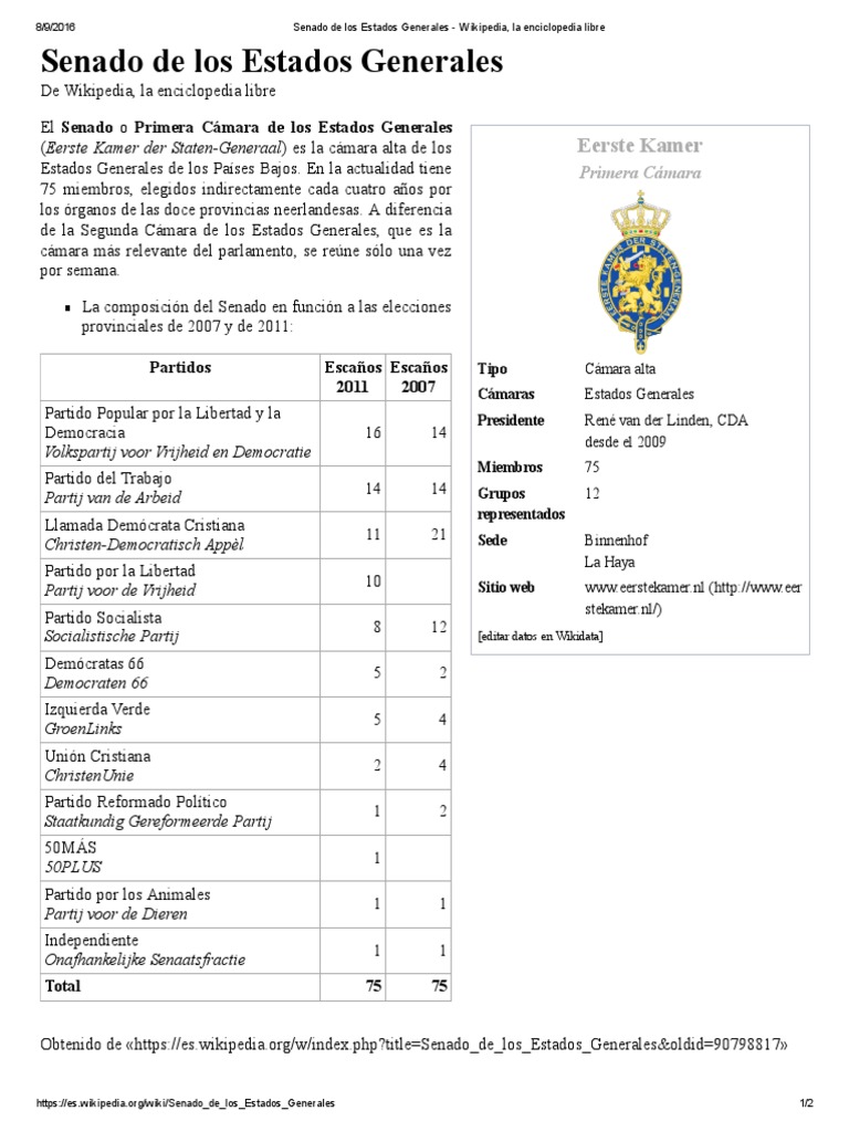 Senado de Los Estados Generales - Wikipedia, La Enciclopedia Libre | PDF