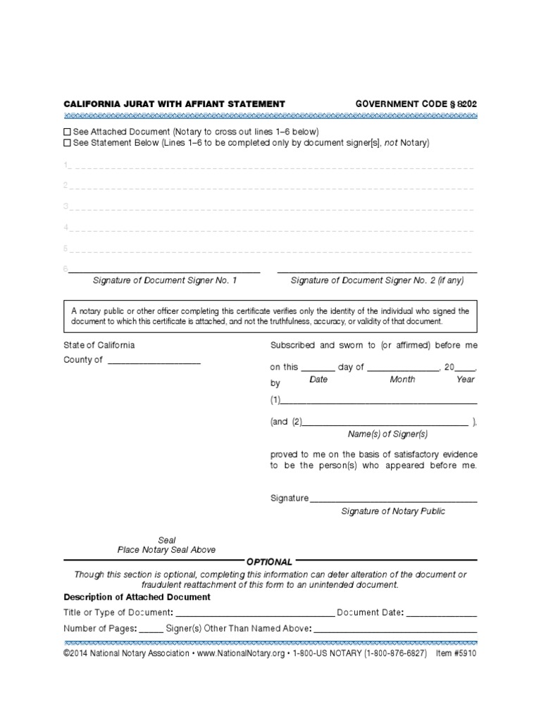 05910 ca jurat affiant statement Notary Public Affidavit Free 30