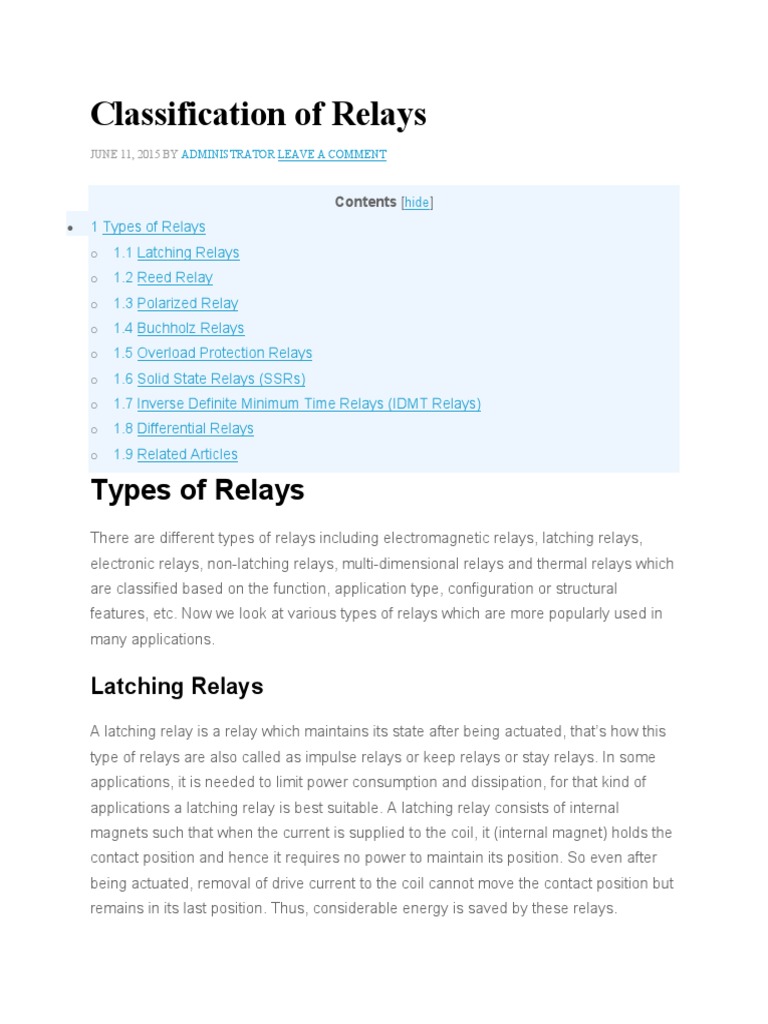 Types and Classification of Relays | PDF | Relay | Electric Current