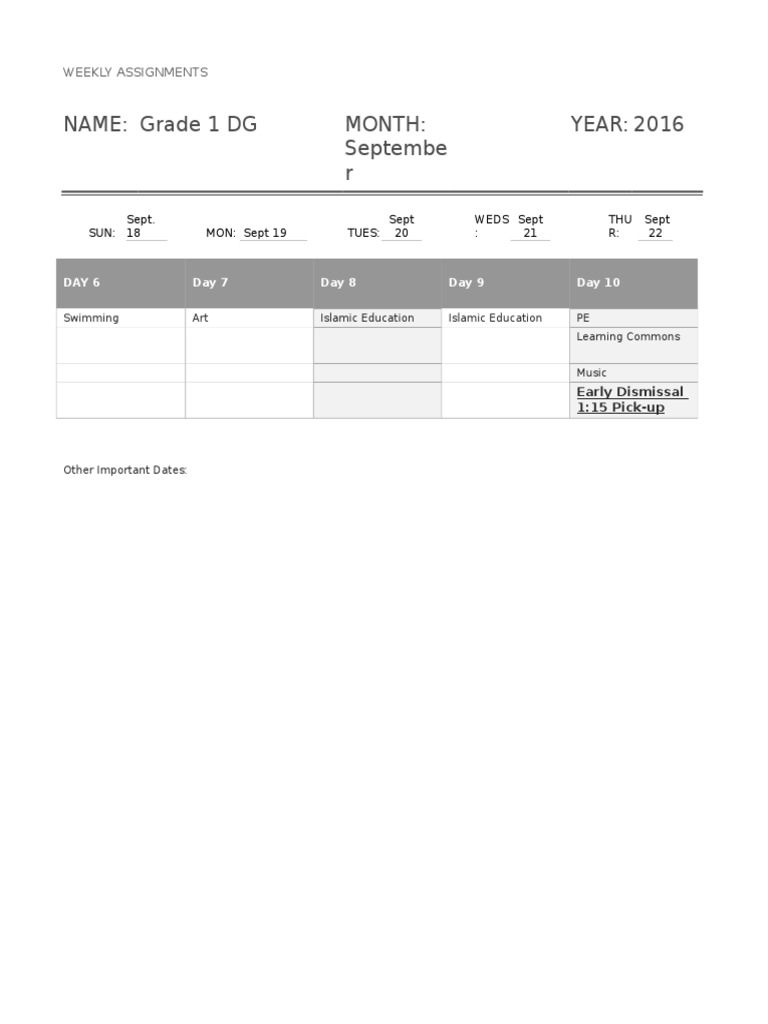 Grade 1 Weekly Schedule | PDF