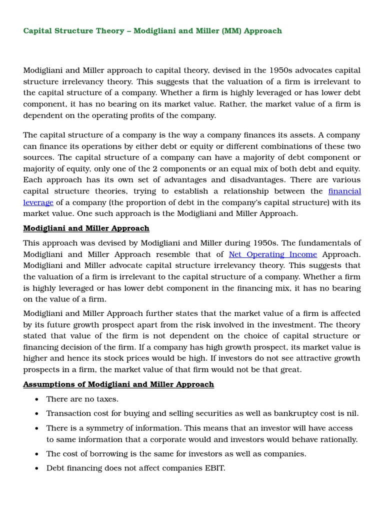 Capital Structure Theory - MM Approach | PDF | Capital Structure | Cost ...