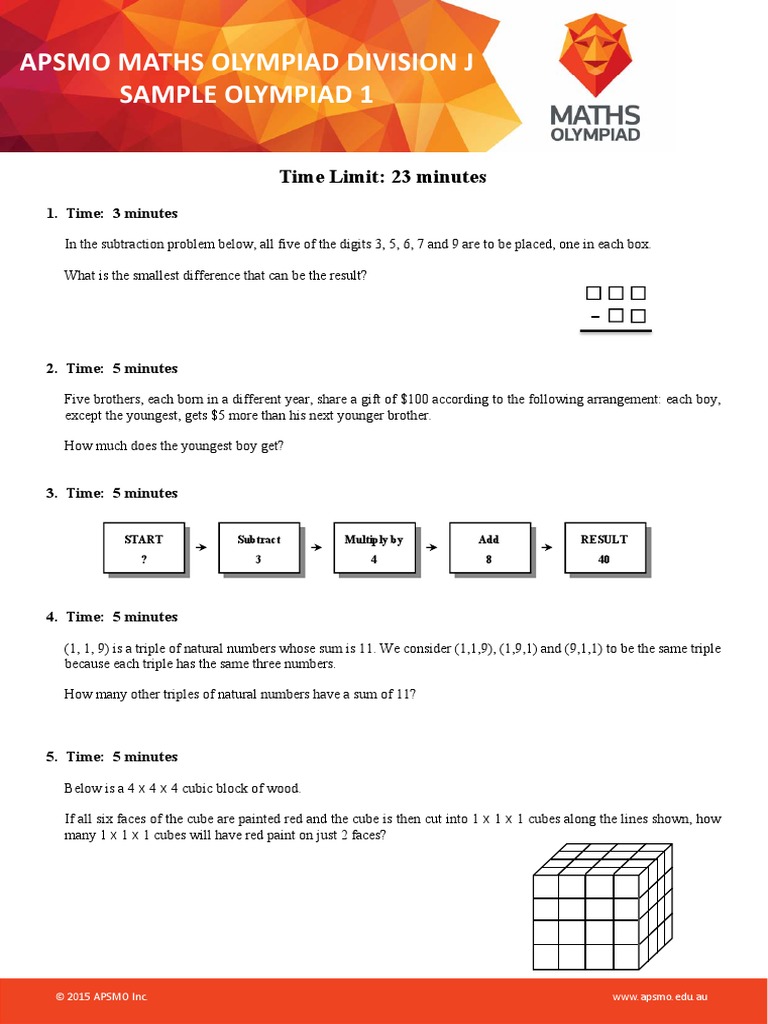 APSMO Olympiad Sample DivJ 1 Subtraction Number Theory