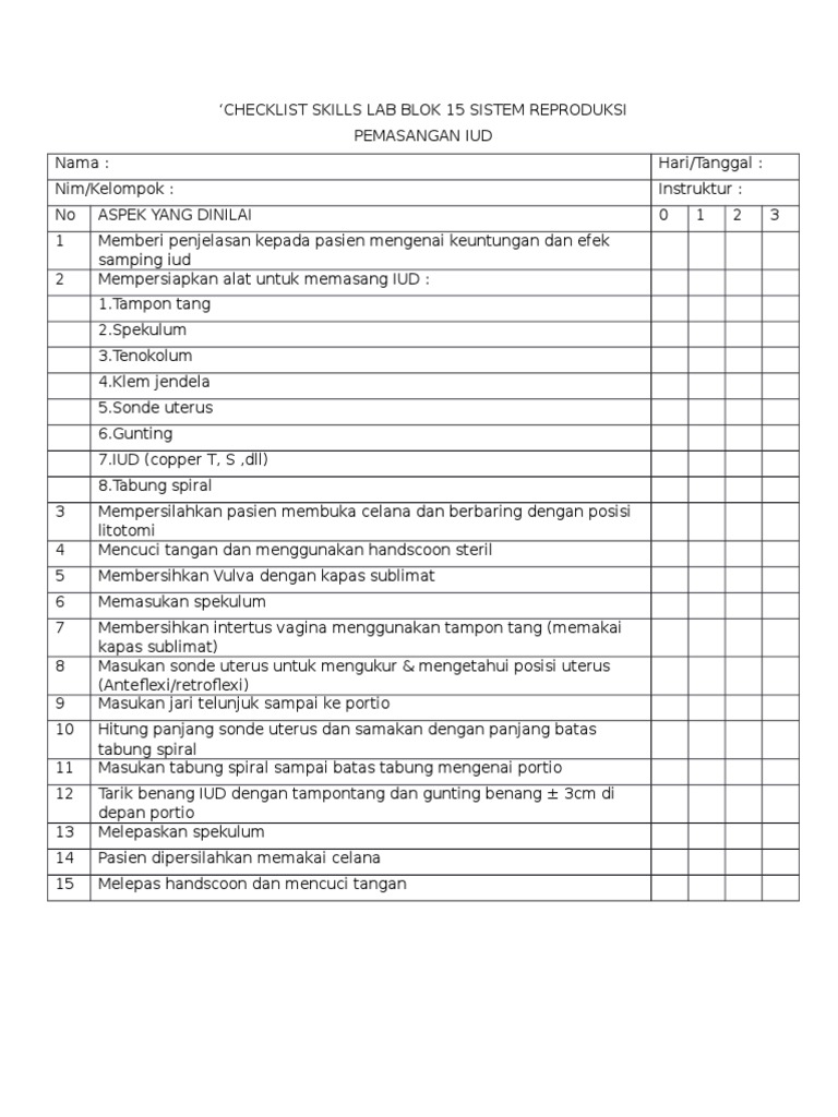 Checklist Pemasangan IUD dan Alatnya | PDF