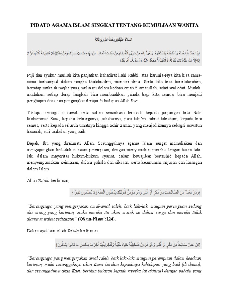 Pidato Agama Islam Singkat Tentang Kemuliaan Wanita
