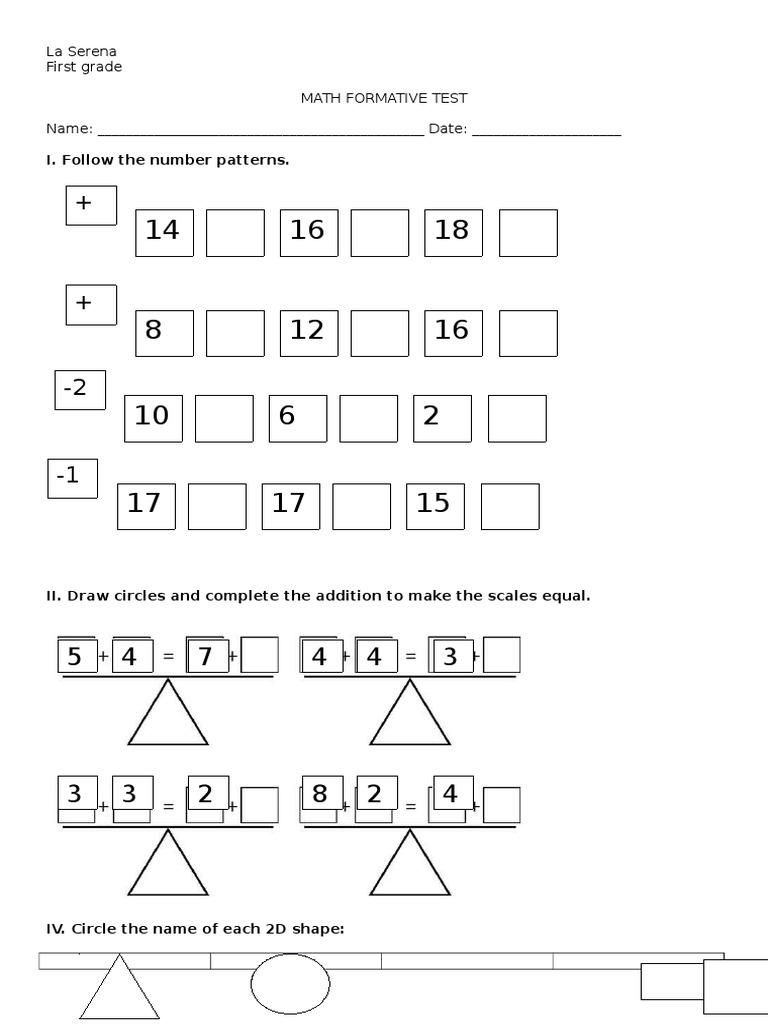 First Grade Math Test | PDF | Teaching Methods & Materials