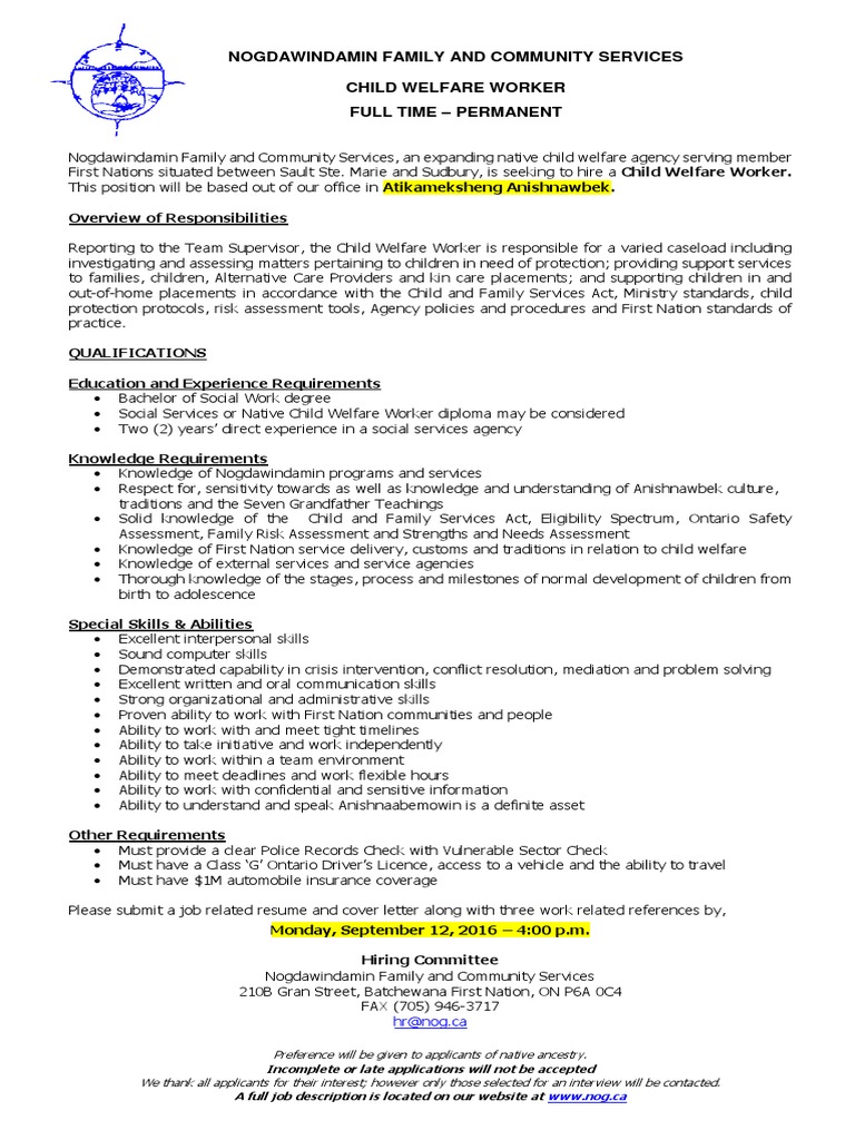 Child Welfare Worker Job at Nogdawindamin | PDF | Child Protection ...