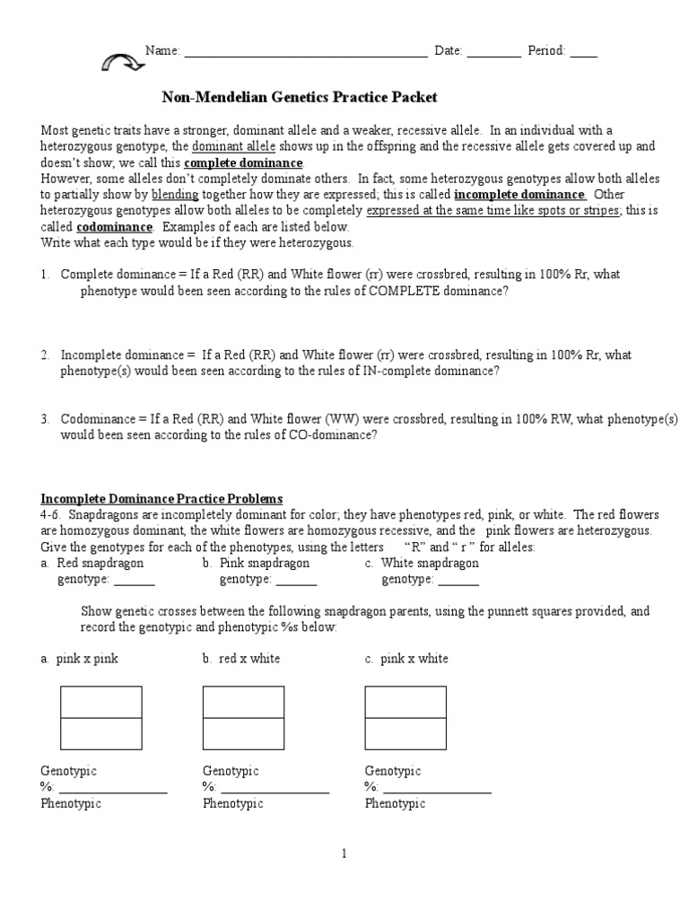 Non-Mendelian Genetics Practice  PDF  Dominance (Genetics)  Allele Pertaining To Genetics Practice Problems Worksheet