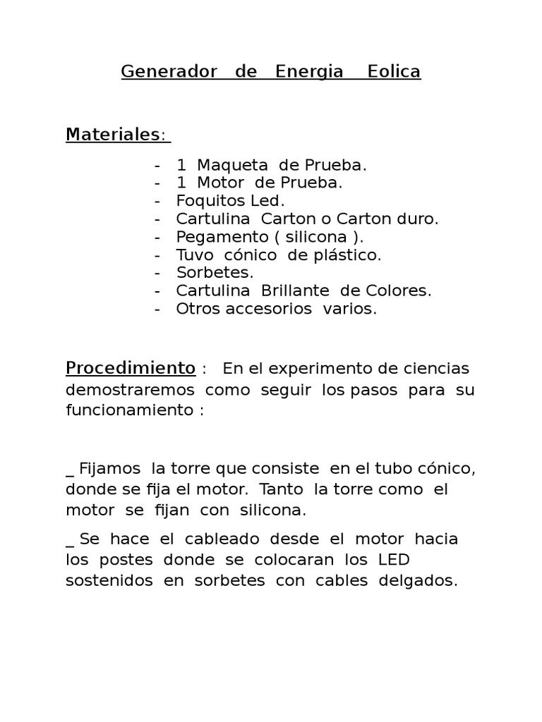 Maqueta de Generador Eólico Casero | PDF | Ciencia y matemáticas