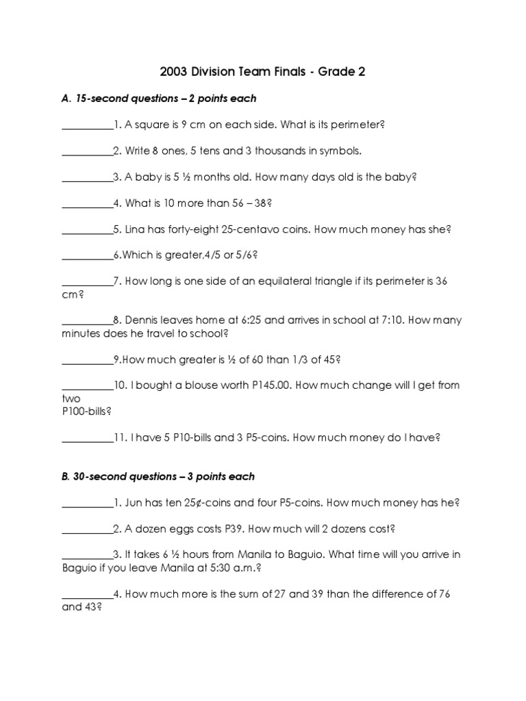 Grade 2 Math Team Finals Questions | PDF