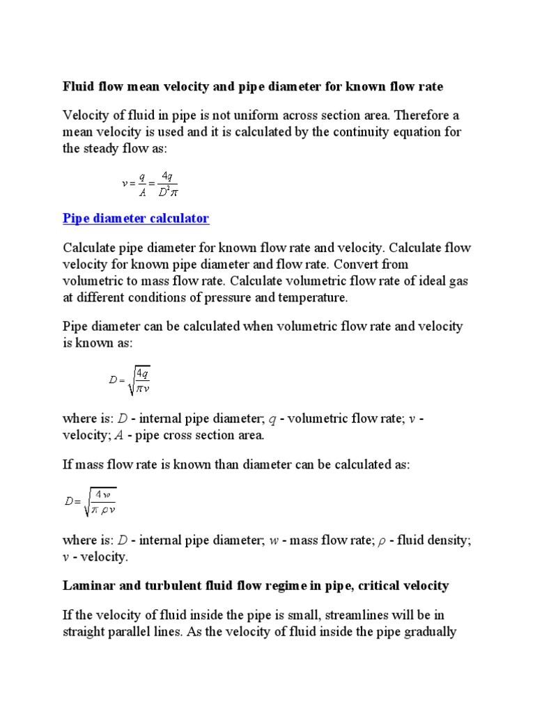 Fluid Flow Mean Velocity and Pipe Diameter For Known Flow Rate PDF