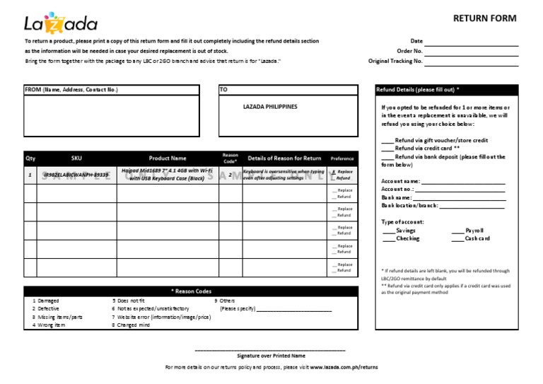 lazada Return Form