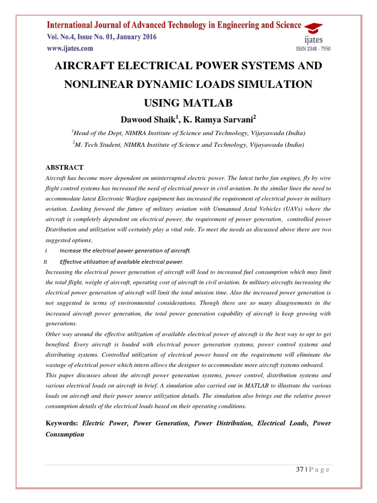 Simulation of Aircraft Electrical Power Systems and Nonlinear Dynamic ...