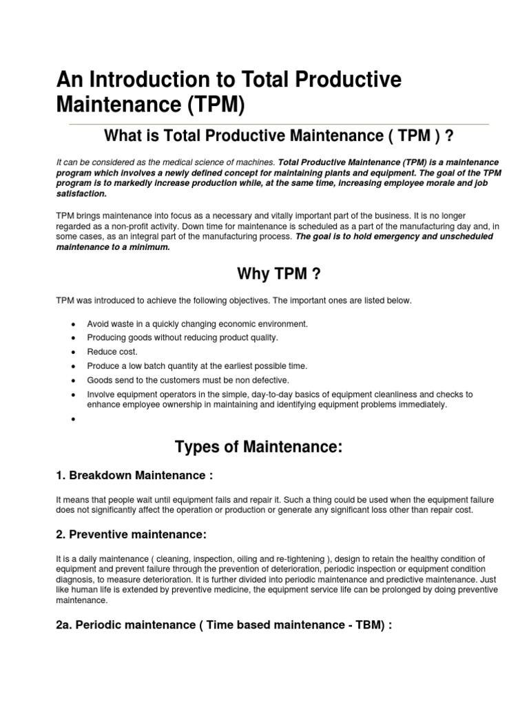 An Introduction To Total Productive Maintenance (TPM) | PDF