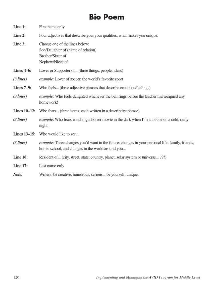 Bio poem examples high school picture