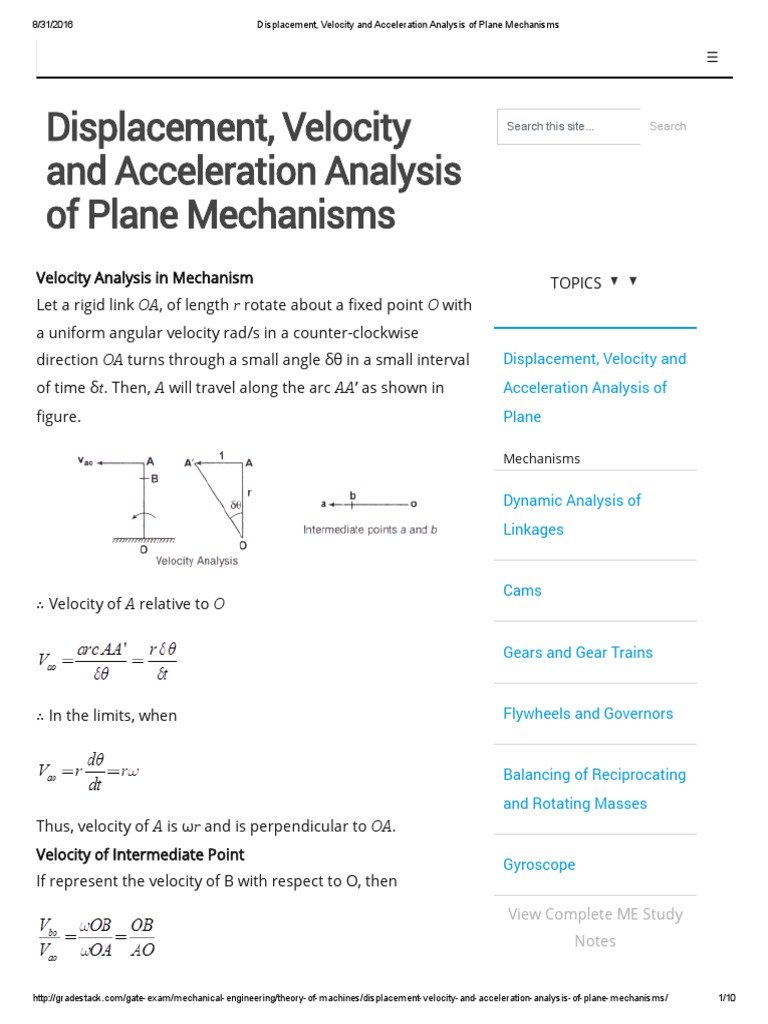 Velocity And Acceleration Analysis Of Plane Mechanisms