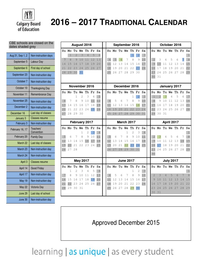 2016 2017 Traditional Calendar Schools Teaching And Learning