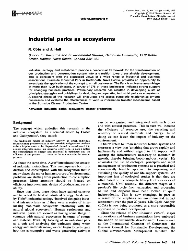 Industrial Parks As Ecosystems 1995 Journal of Cleaner Production PDF
