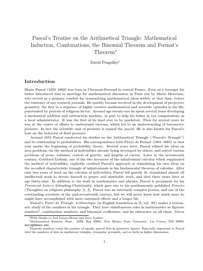 Pascal's Treatise On The Arithmetical Triangle: Mathematical Induction ...