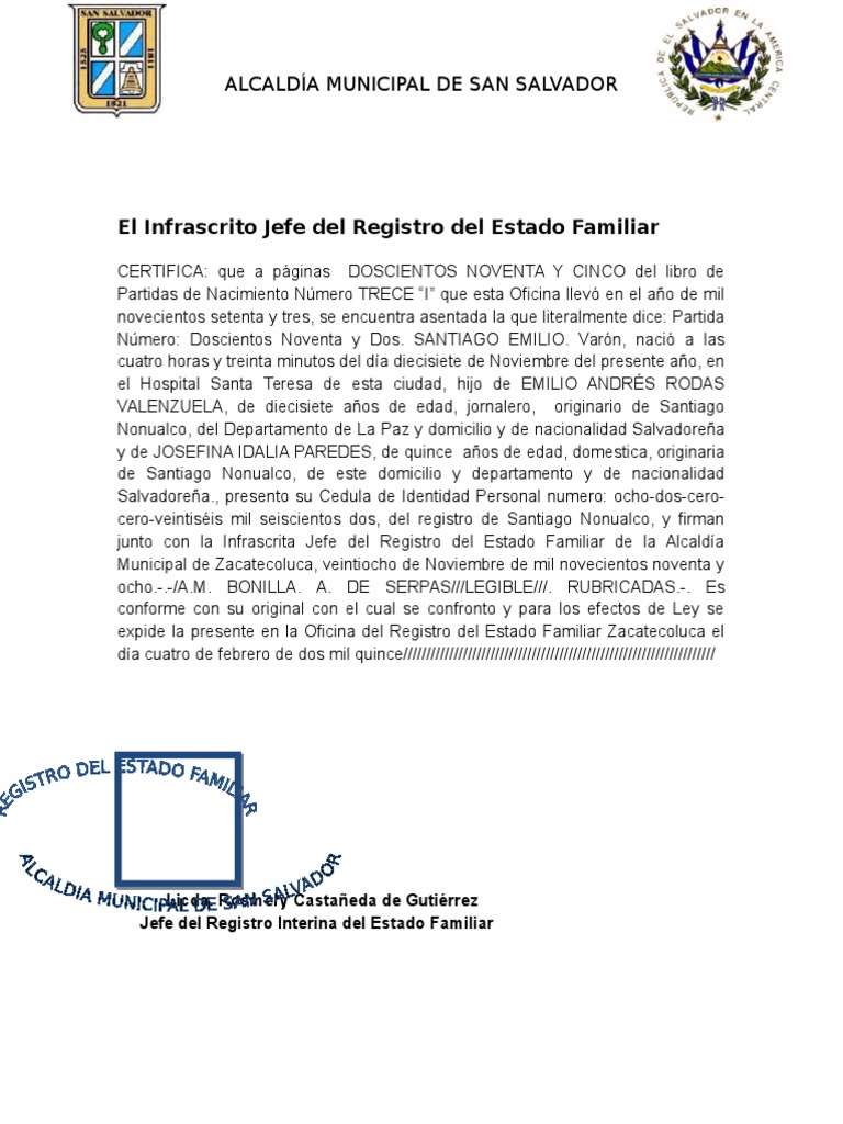 Partida de Nacimiento en El Salvador | PDF