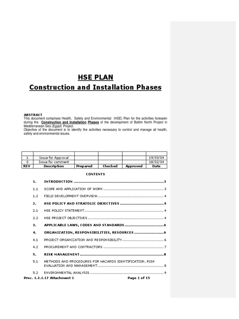 HSE Plan Format Risk Management Hazards