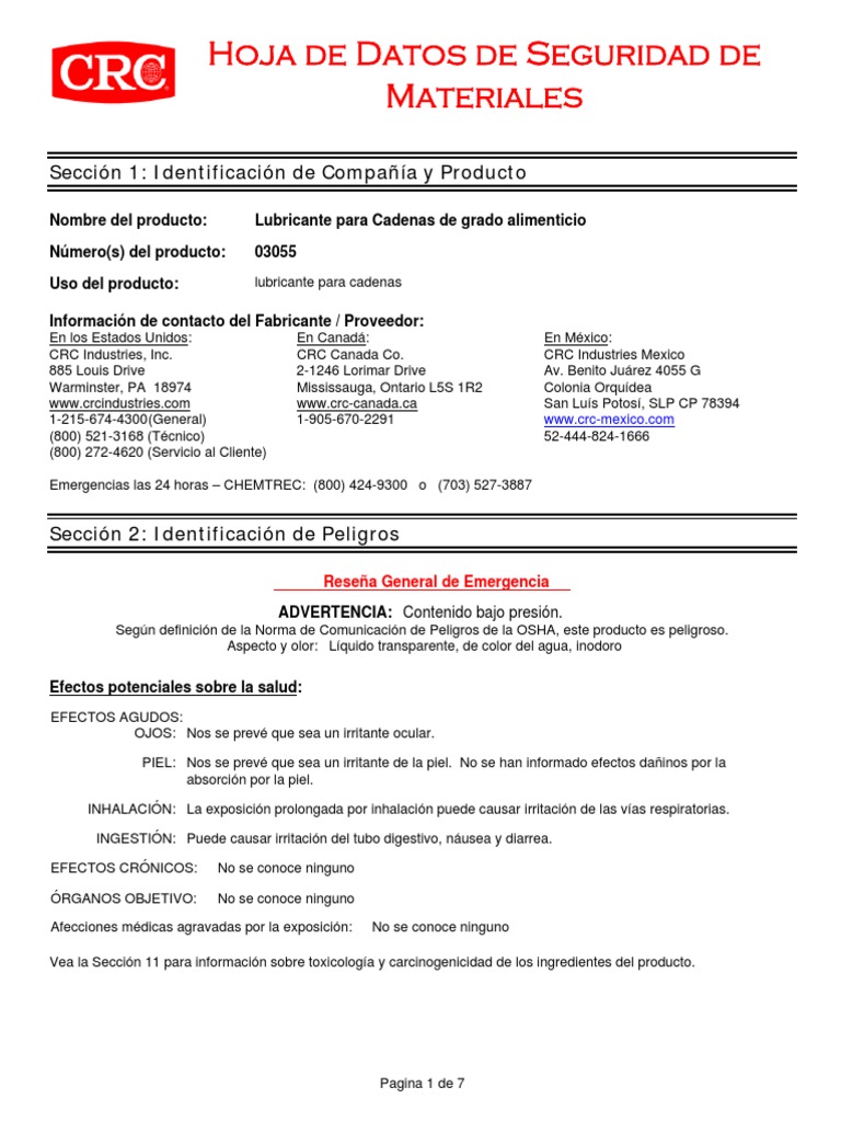 MSDS Food Grade Chain Lube Aerosol Contaminación