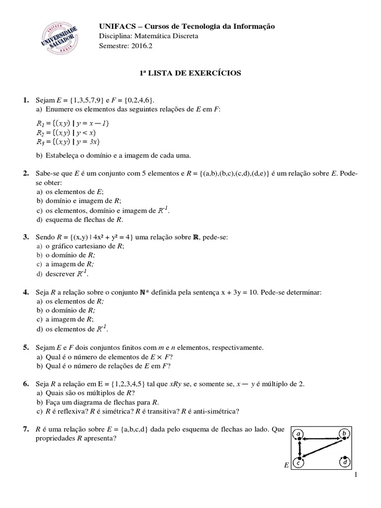 Exerc cios De Matem tica Discreta UNIFACS PDF Fun o Matem tica 