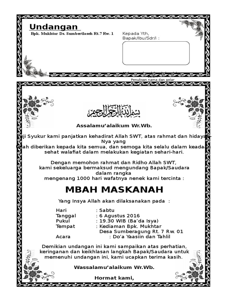 Contoh Surat Undangan Tahlil 40 100 1000 Hari Hauldoc