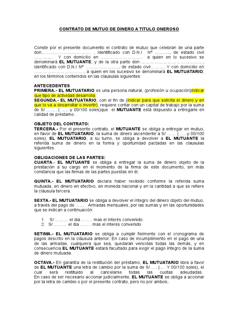 Contrato de Mutuo de Dinero A Titulo Oneroso, Con Clausula de Letra de  Cambio | PDF | Pagaré | Pagos
