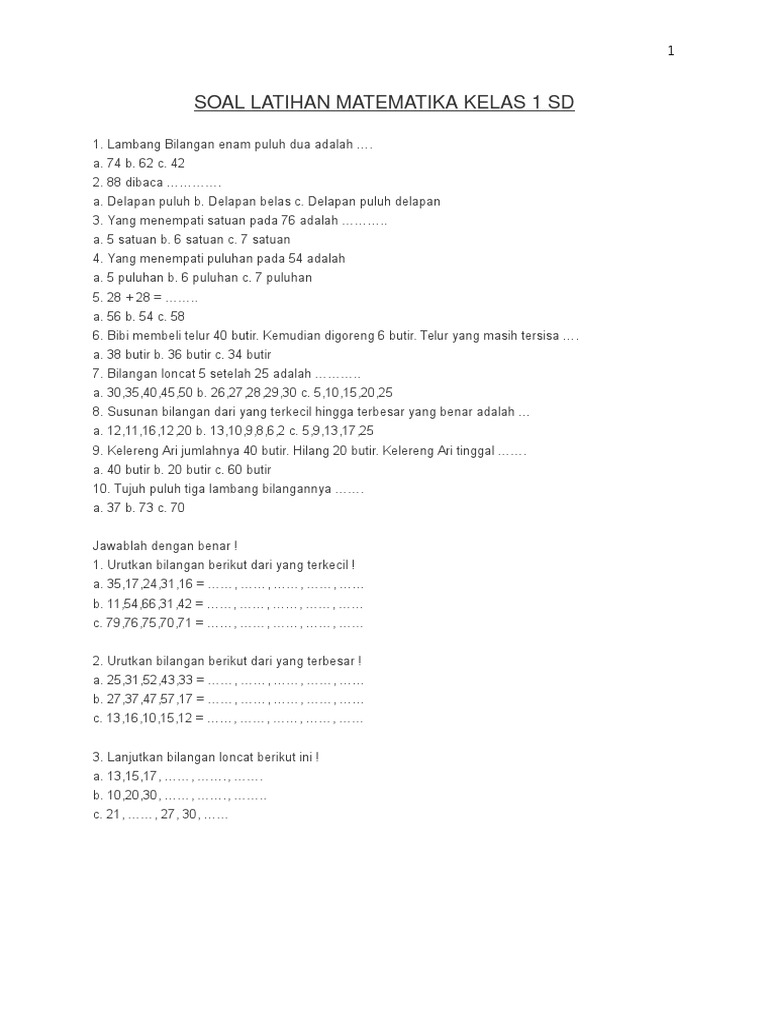 Soal Latihan Matematika Kelas 1 Sd