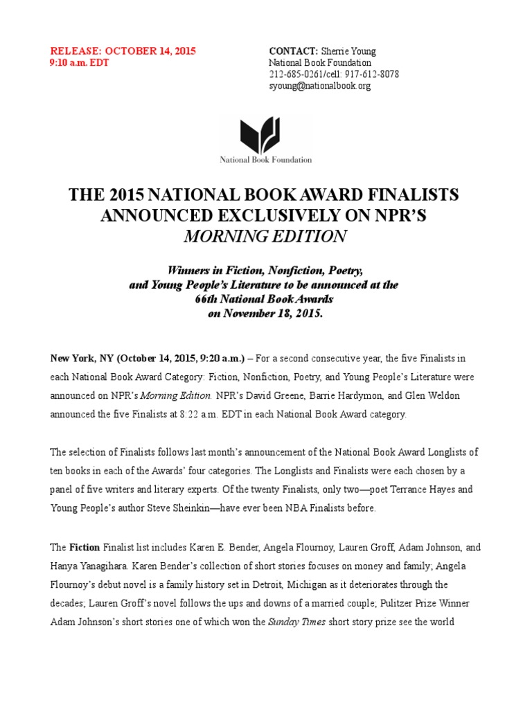 2015 National Book Award Finalists Announced A Summary of the