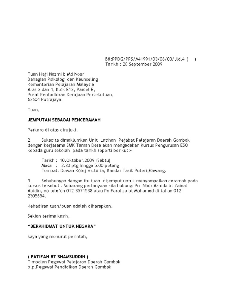 Contoh Surat Jemputan Ceramah 2009