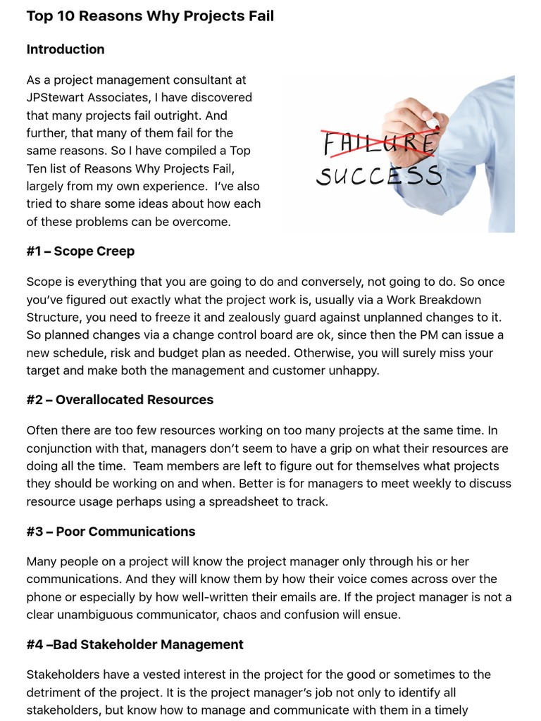 10 Reasons Why Projects Fail PDF Project Manager Risk