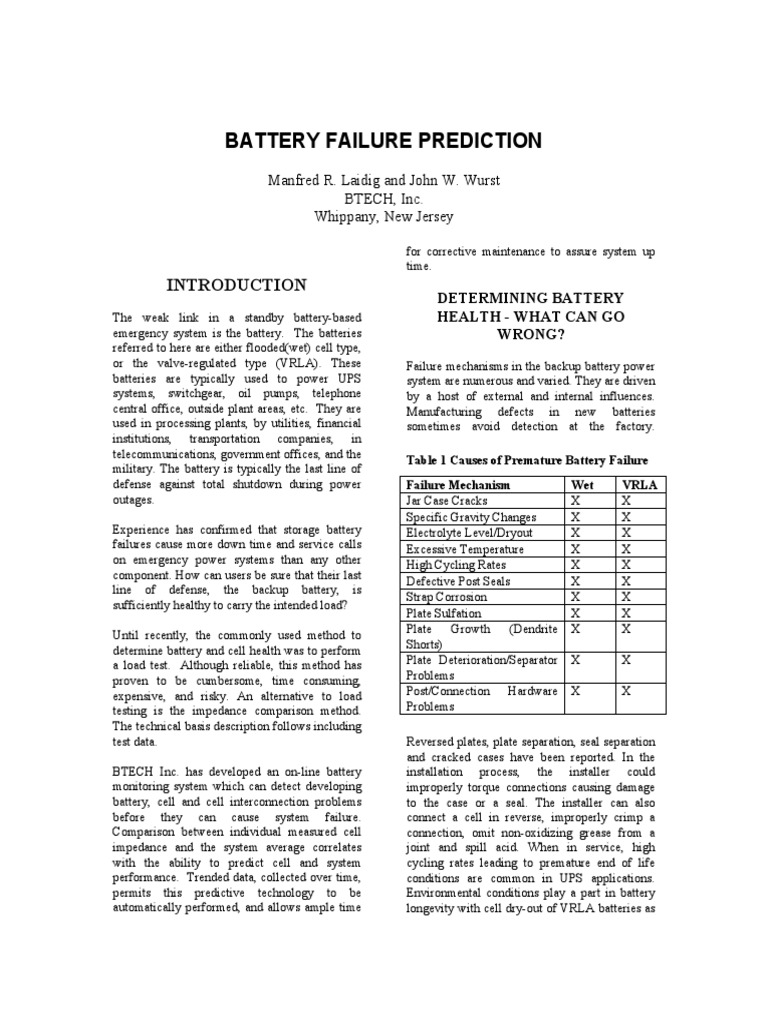 Battery Failure Prediction: Manfred R. Laidig and John W. Wurst BTECH ...