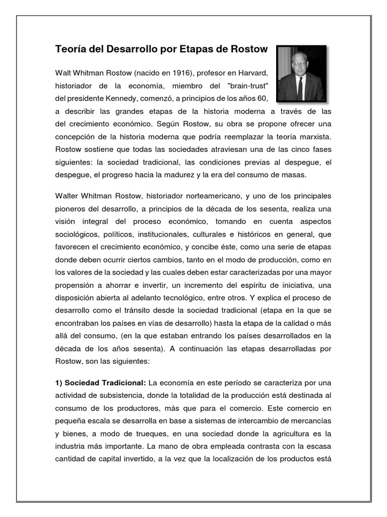 Teoría del Desarrollo por Etapas de Rostow: 1) Sociedad Tradicional: La ...