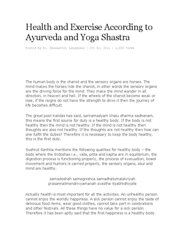 Health and Exercise According To Ayurveda and Yoga Shastra PDF Ayurveda Physical Exercise