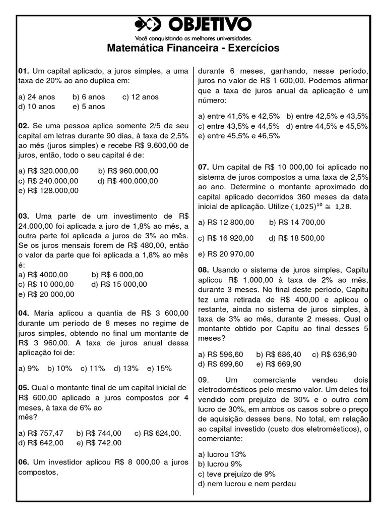 Matemática Financeira Exercícios | PDF | Juros | Dinheiro
