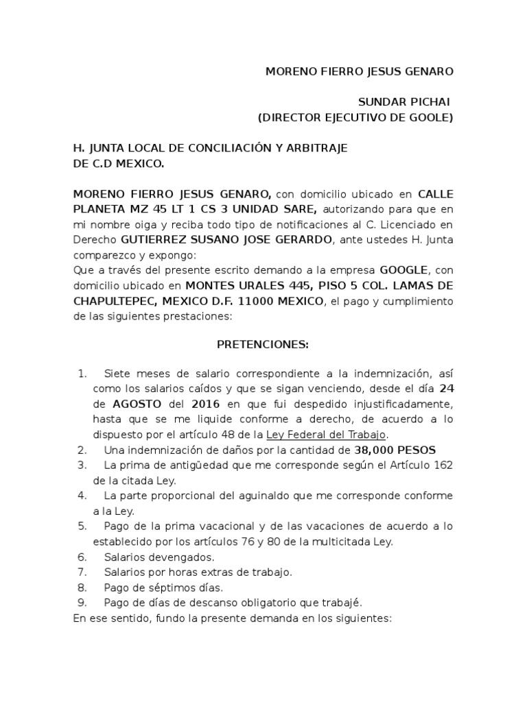 Demanda Por Despido Injustificado Tiempo De Trabajo Instituciones