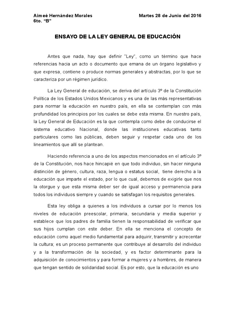 Ensayo de La Ley General de Educación Educación de la