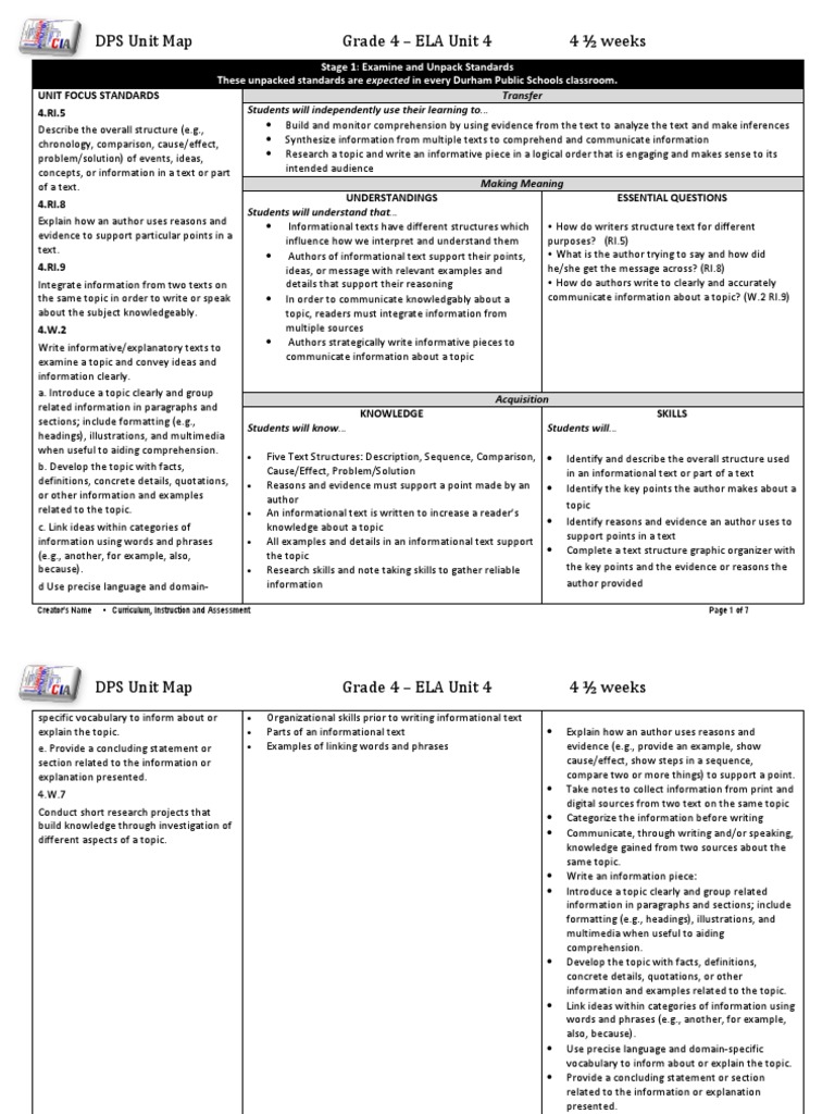 dps grade 4 ela unit map 4 1 Educational Assessment Reading