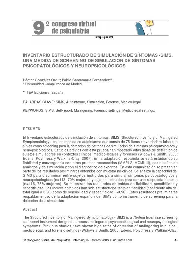 SIMS: Screening de Simulación de Síntomas | PDF | Manual Diagnóstico y ...
