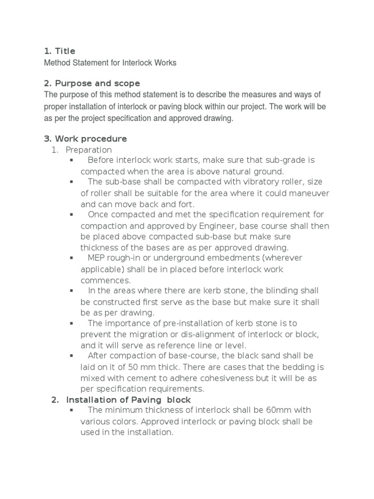 Interlock Paving Installation Method Statement | PDF | Technology ...