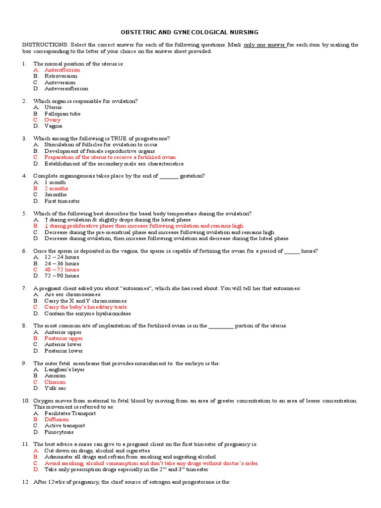 Obstetric and Gynecological Nursing Answer Key Childbirth Menstrual
