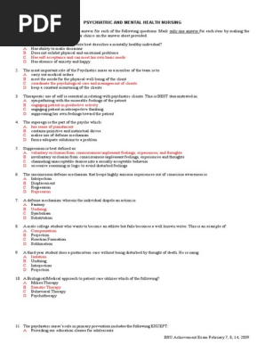 Psychiatric and Mental Health Nursing Answer Key