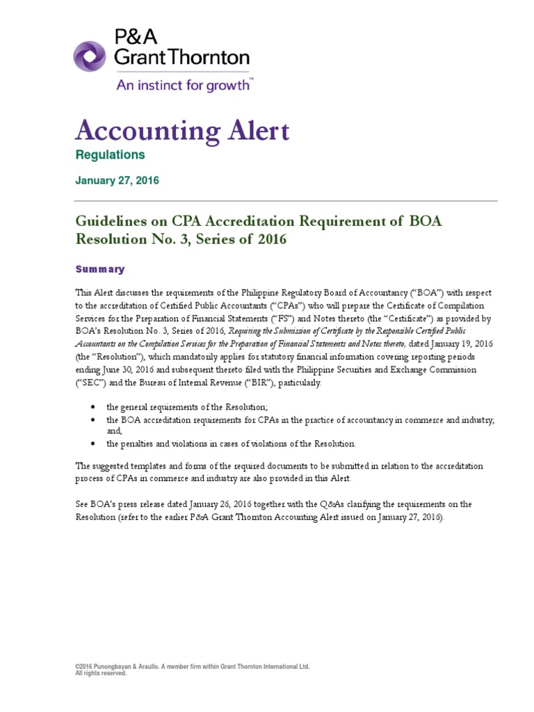 Accounting Alert Guidelines On Compliance With Boa Resolution 3 2016 ...