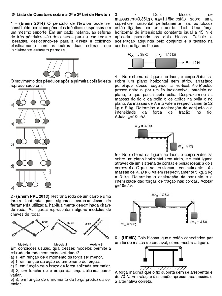 Questões sobre Leis de Newton ENEM | PDF | Massa | Leis do Movimento de ...