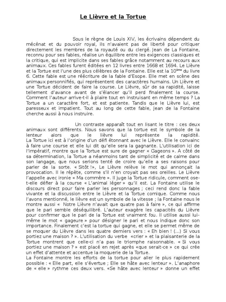 Le Lièvre Et La Tortue Texte à Imprimer Le Lièvre Et La Tortue | PDF | Lièvre | Fable