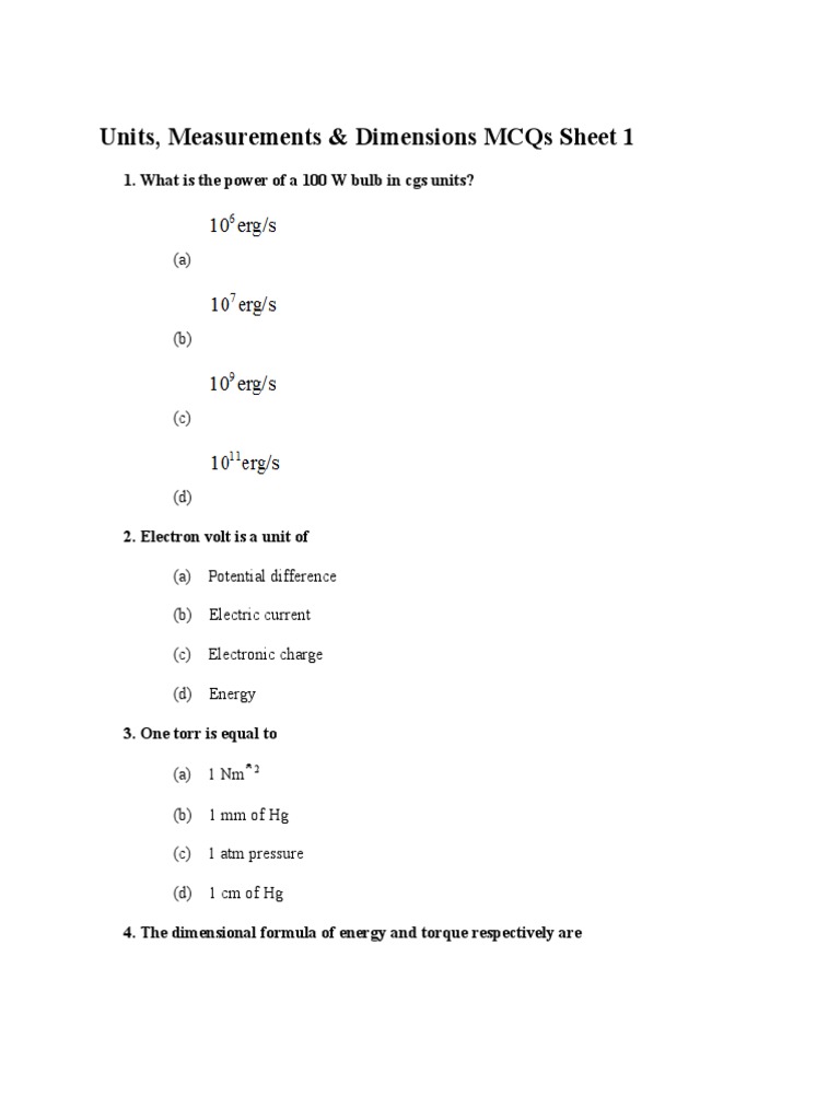 Units, Measurements & Dimensions Mcqs Sheet 1 1. What Is The Power of