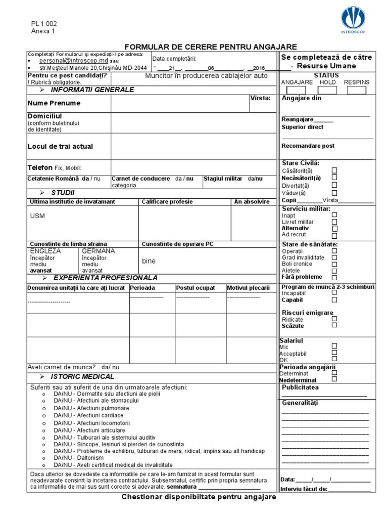 Formular Angajare Fisa de Interviu INTROSCOP